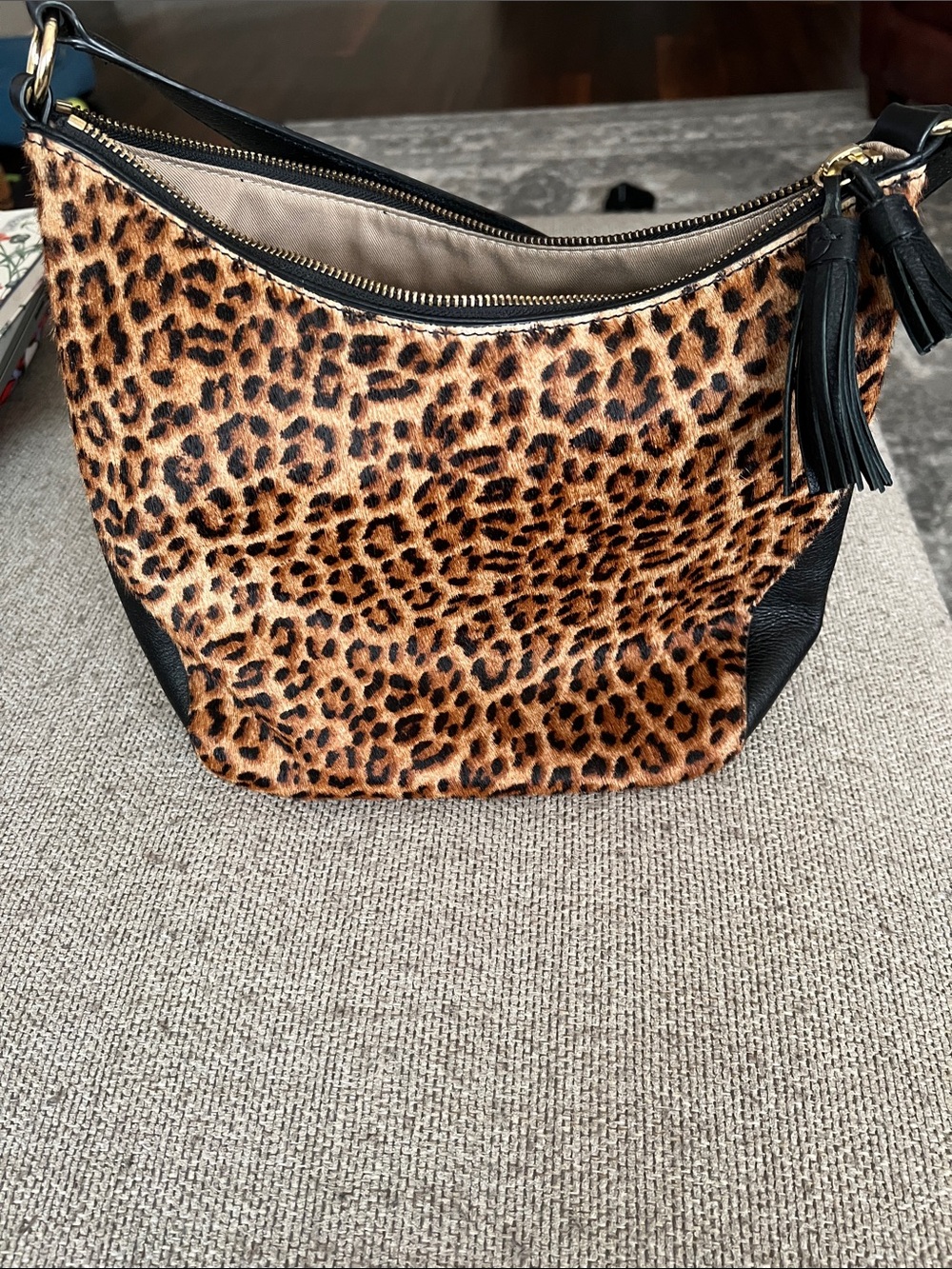 Talbots Leather Leopard Print Hair Hobo Shoulder Bag with Black Trim
